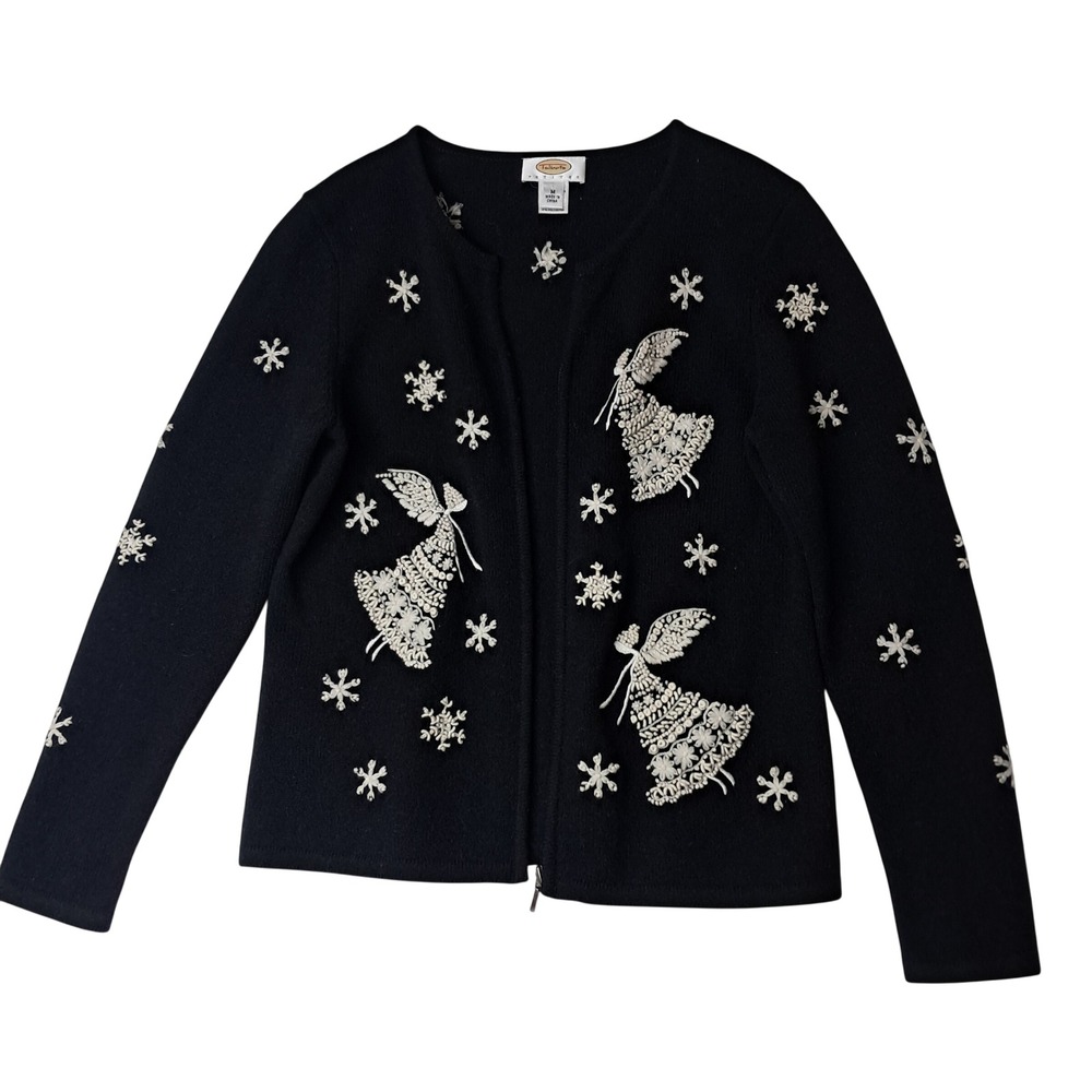 VTG Talbots Sweater Women's Medium Petite Black Angel Embroidered Wool Christmas - Picture 3 of 12